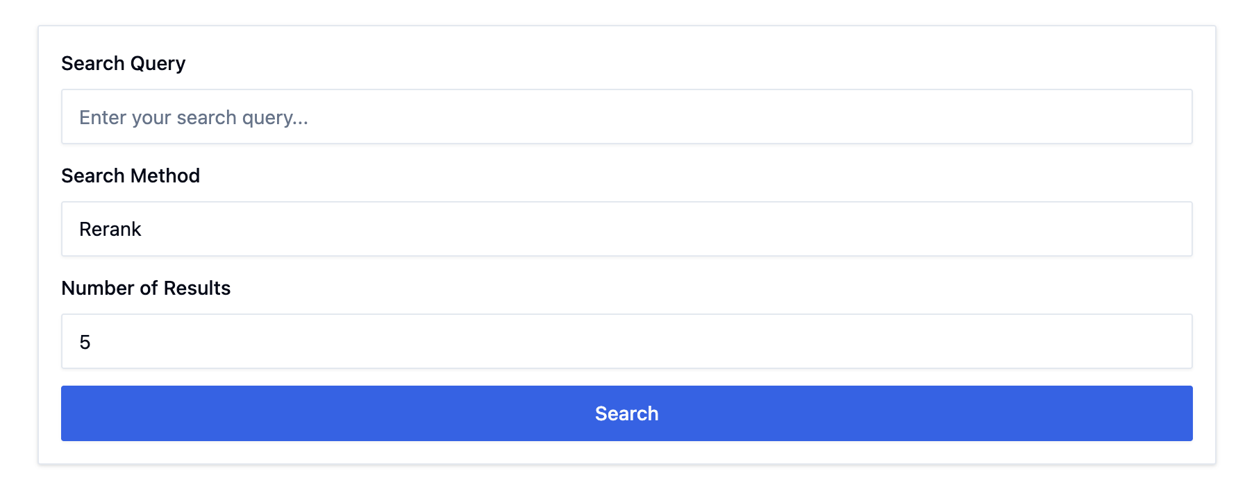 Form with text box for search query, a drop down for the search method, an option for number of results, and a Button to search